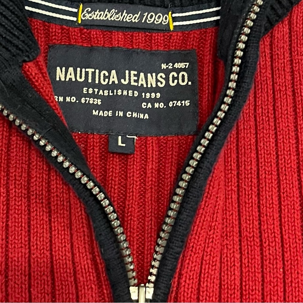 Nautica Sweater Men's Size L Mock Neck Pullover Navy Red Long Sleeve Zip - Picture 2 of 6